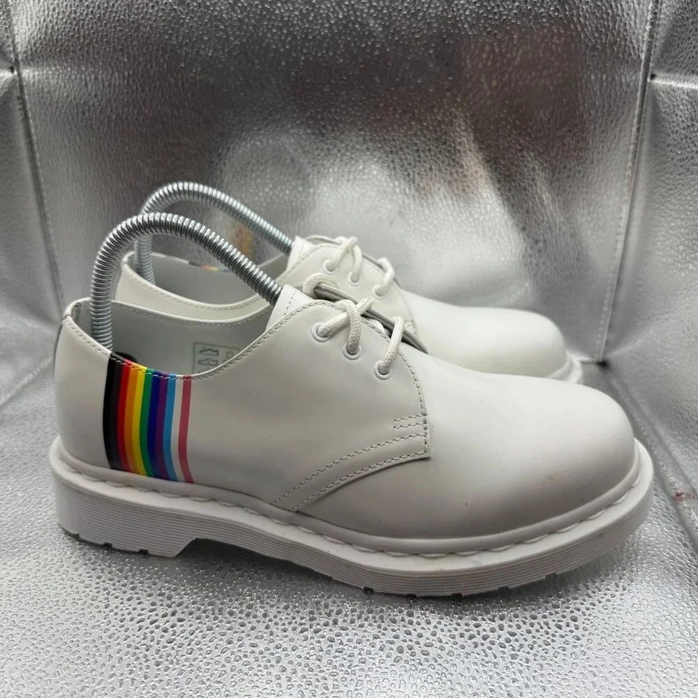 Size 6 Dr. Martens White Mens Lace-Up Pride Derby‎ Rainbow Leather Shoes 27522